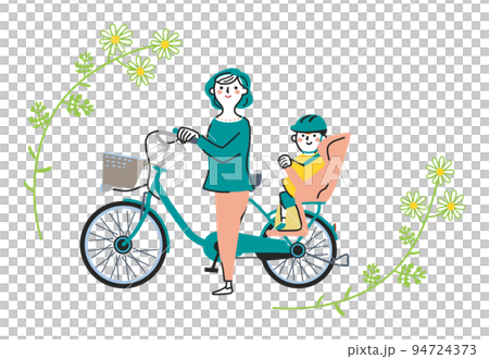 電動アシスト付き自転車を押す母親とシートに座る子ども　イラスト素材 94724373