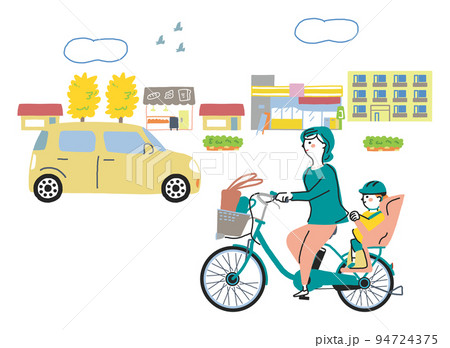 電動アシスト付き自転車で通園する親子 イラスト素材 電動アシスト付き自転車で通園する親子 イラスト素材 94724375