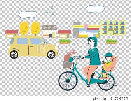 電動アシスト付き自転車で通園する親子 イラスト素材 電動アシスト付き自転車で通園する親子 イラスト素材 94724375