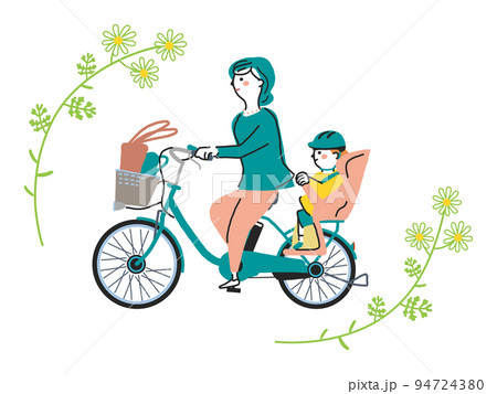 電動アシスト付き自転車で通園する親子　イラスト素材							 94724380