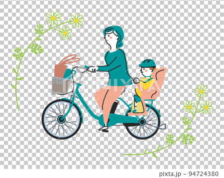 電動アシスト付き自転車で通園する親子　イラスト素材							 94724380