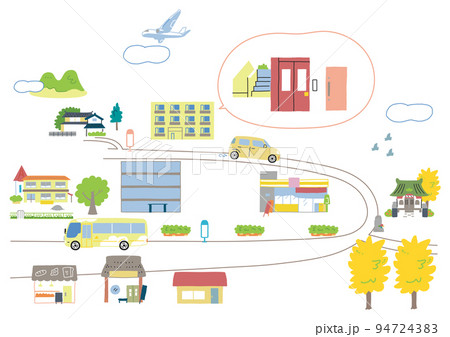 自宅マンションから保育園の道路沿いにはいろいろな建物や施設がある　イラスト素材 94724383
