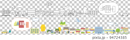 從家庭公寓到托兒所單色套裝插圖的道路沿線有各種建築物和設施 從家庭公寓到托兒所單色套裝插圖的道路沿線有各種建築物和設施 94724385