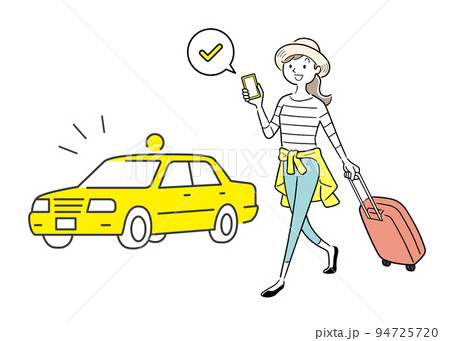 ベクターイラスト素材：スマホを利用して旅行先でタクシーを使う女性 94725720