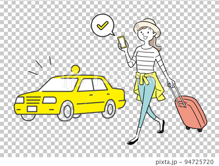 ベクターイラスト素材：スマホを利用して旅行先でタクシーを使う女性 94725720