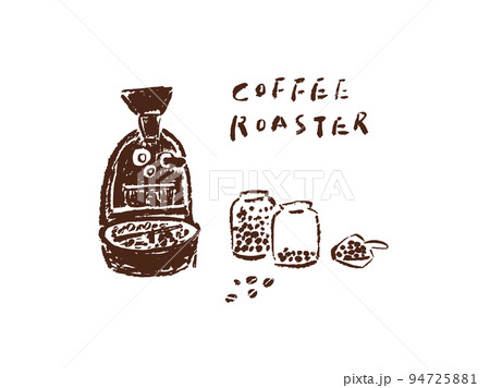 コーヒーの焙煎機とコーヒー豆のイラスト 94725881