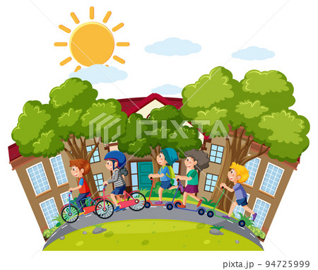 Children on scooters and bicycles Children on scooters and bicycles 94725999