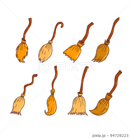 Set of different witch brooms. Halloween elements. Trick or treat concept. Vector illustration in hand drawn style 94726223