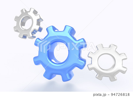 Gear icons on white background, 3D render. Metal and blue engine cogs, setting symbol. Cogwheels mechanism working process, teamwork cooperation, software development concept Gear icons on white background, 3D render. Metal and blue engine cogs, setting symbol. Cogwheels mechanism working process, teamwork cooperation, software development concept 94726818