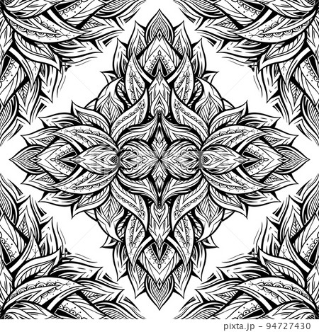 Vector seamless pattern with lotus mandala made of petals and leaves with boho ornament. Monochrome kaleidoscope texture 94727430