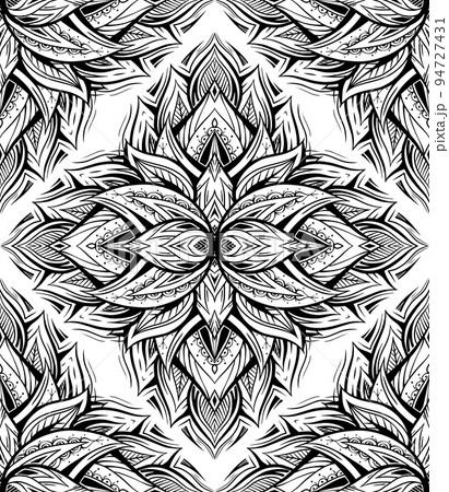 Vector seamless pattern with contour lotus mandala with boho ornament. Monochrome sacral kaleidoscope texture 94727431