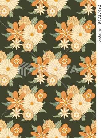 Vector seamless hippie pattern with bouquet groovy flowers. Blossom retro texture with different flowers on dark green background. 94727432