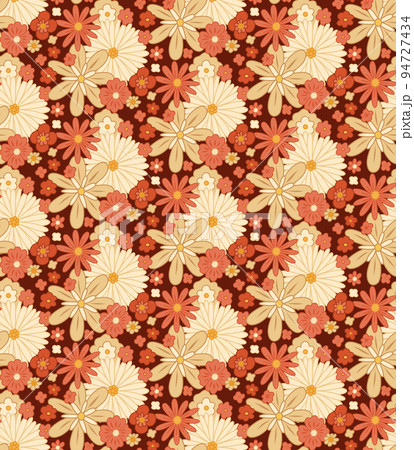 Vector seamless retro pattern with dense groovy flowers. Ditsy hippie texture with different beige and coral flowers on dark background. 94727434
