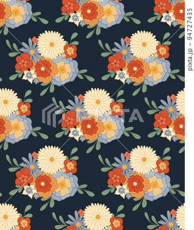 Ditsy hippie texture with bouquet groovy flowers with stems in row on dark blue background. Vector seamless retro pattern 94727435