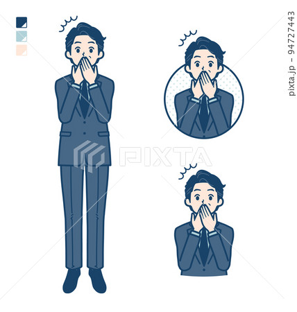 スーツのミドル男性が口をおさえて驚いているイラスト 94727443