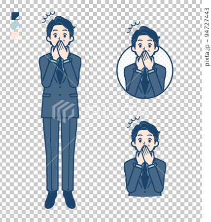 Illustration of a middle man in a suit holding his mouth and being surprised 94727443
