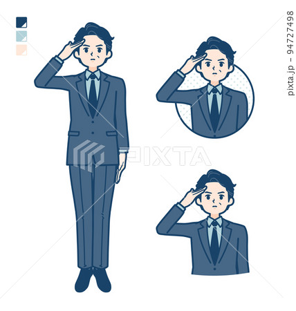 スーツのミドル男性が敬礼しているイラスト スーツのミドル男性が敬礼しているイラスト 94727498