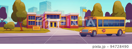 City street with school building and yellow bus 94728490