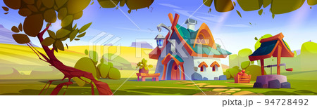 Cartoon fairy tale house against green landscape 94728492