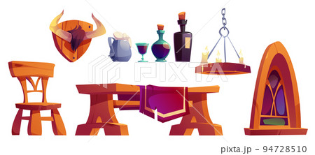 Medieval tavern furniture, wine bottles, candles 94728510