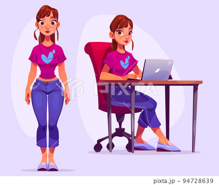 Young woman cartoon stand and sitting at desk Young woman cartoon stand and sitting at desk 94728639