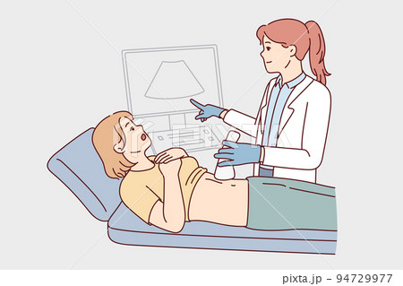 Doctor do belly ultrasound for female patient Doctor do belly ultrasound for female patient 94729977