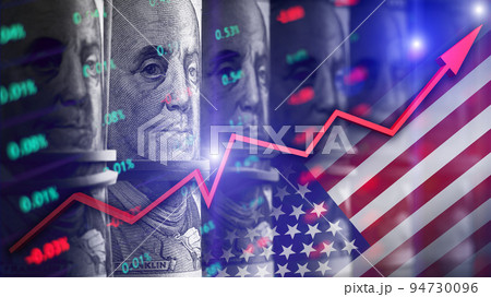 The concept of the growth of the American stock market, inflation, Fed rates, unemployment 94730096
