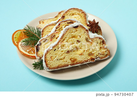 Concept of German dessert - Stollen on blue background 94730407