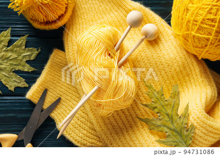 Concept of cozy and relax hobby, knitting, top view 94731086