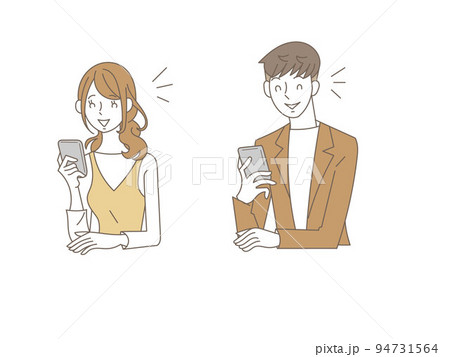 喜んで携帯を見る男女イラストセット 94731564