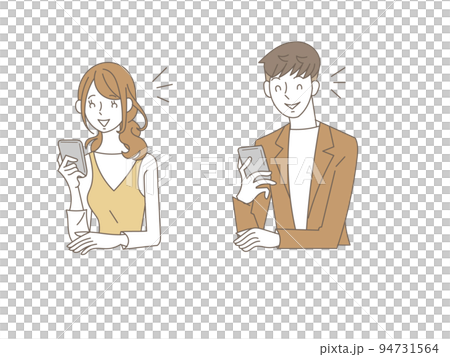 喜んで携帯を見る男女イラストセット 94731564