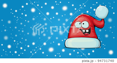 Vector cartoon Santa Claus red hat with smile face isolated on christmas blue horizontal bannner background with snow. Childrens Merry Christmas greeting card with funny monster Santa hat. Santa hat 94731740