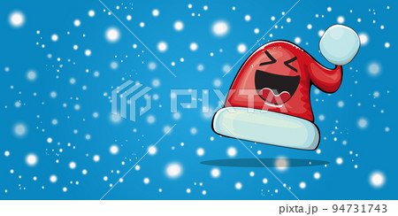 Vector cartoon Santa Claus red hat with smile face isolated on christmas blue horizontal bannner background with snow. Childrens Merry Christmas greeting card with funny monster Santa hat. Santa hat 94731743