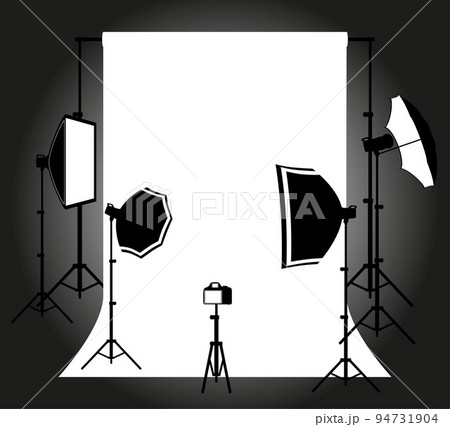 background in photo studio with flashes and softboxes on tripods vector illustration 94731904