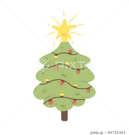 Christmas tree with a star and a garland. Symbol of the new year. Drawn style. Vector illustration. 94732401