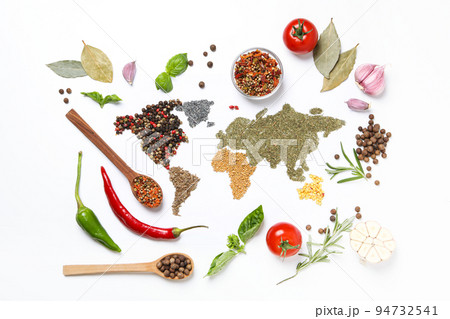 Map of world made from different kinds of spices Map of world made from different kinds of spices 94732541