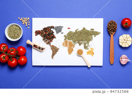 Map of world made from different cooking ingredients Map of world made from different cooking ingredients 94732566