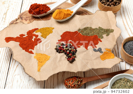 Map of world made from different kinds of spices 94732602