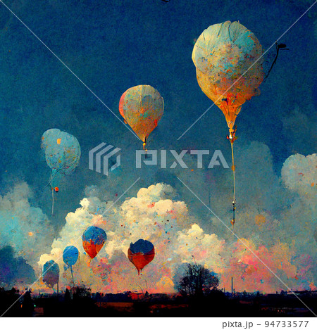 Beautiful fantasy hot air balloons against a blue sky and clouds. 94733577