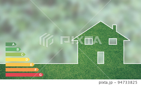 An eco-green house design, with energy efficiency rating. Blurred leaves in the background An eco-green house design, with energy efficiency rating. Blurred leaves in the background 94733825