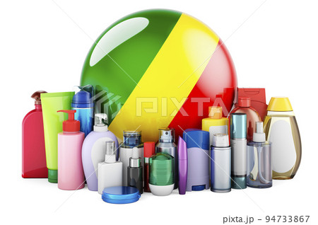 Congolese flag with cosmetic bottles, Hair, facial skin and body care products. 3D rendering Congolese flag with cosmetic bottles, Hair, facial skin and body care products. 3D rendering 94733867