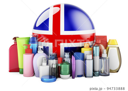 Icelandic flag with cosmetic bottles, Hair, facial skin and body care products. 3D rendering 94733888