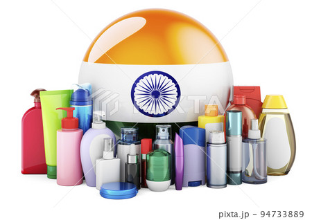 Indian flag with cosmetic bottles, Hair, facial skin and body care products. 3D rendering Indian flag with cosmetic bottles, Hair, facial skin and body care products. 3D rendering 94733889