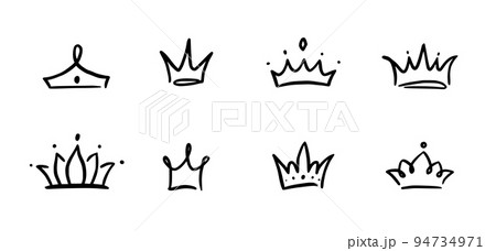 Doodle crown hand drawn set. Doodle princess crown, queen tiara. Line sketch royal element. Queen, king hand drawn simple design element. Isolated 94734971