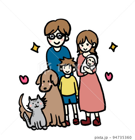 幸せな家族と犬猫イラストのイラスト素材 [94735360] - PIXTA