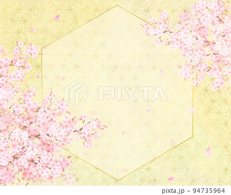 美しい桜ー金箔ー市松模様ー和紙の壁紙ーキラキラゴールド豪華絢爛背景素材フレーム 94735964