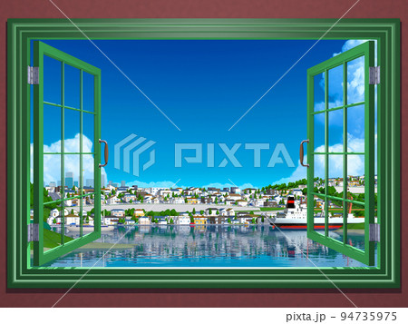 窓　窓枠　街　風景　眺め　換気　住宅街 94735975