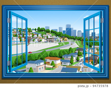 窓　窓枠　街　風景　眺め　換気　住宅街 94735978