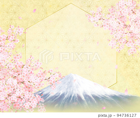 美しい桜と富士の山ー金箔ー市松模様ー和紙の壁紙ーキラキラゴールド豪華絢爛背景素材フレーム 94736127