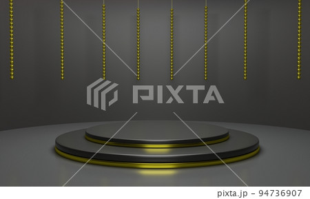 black podium with gold chains in the black room.3d rendering.	 94736907